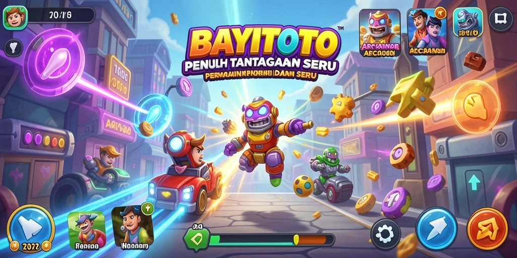 Tampilan antarmuka game Arcade BAYITOTO yang penuh warna dan dinamis.