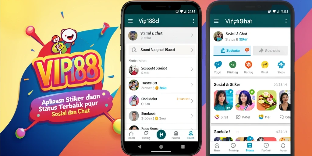 Antarmuka aplikasi VIP188 dengan kumpulan stiker dan status.